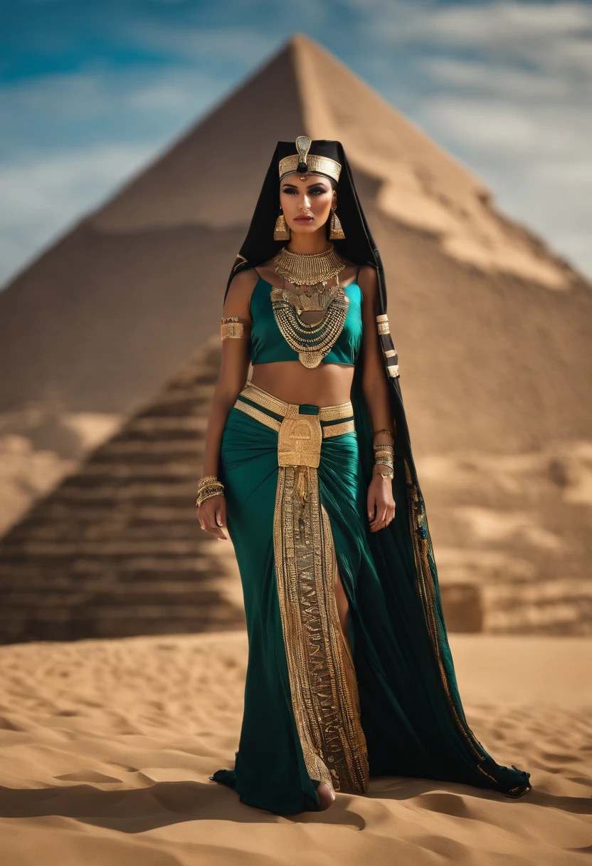 best quality, portrait of a beautiful, curvy woman with green eyes, in futuristic headdress inspired by an ancient egypt king and Cleopatra, Tutankhamun, snake, gold, silver, stones, scarab beetle, microchips, Integrated Circuit, cabels, electric glow, retro futurism, beach in sunset, warm glowing sun, palm trees, mecha-girl, human machine integration, long skirt in gold, in her hand she is holding a glowing spire, Steven Meisel