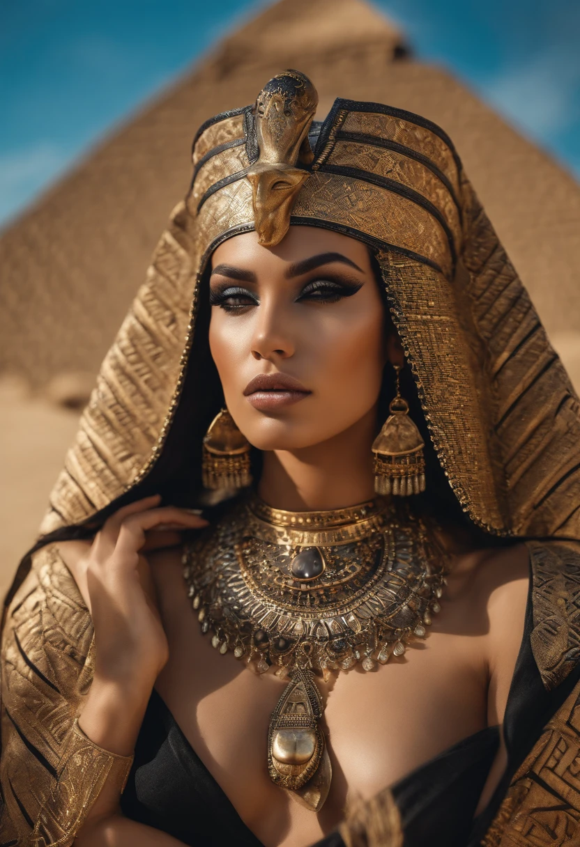 Hyper realistic photoshoot woman model vogue fashion magazine cover inspired by egyptian goddess modern days realistic skin hair face posing cleopatra Egyptian pyramids realistic person with goth fashion detailed clothing