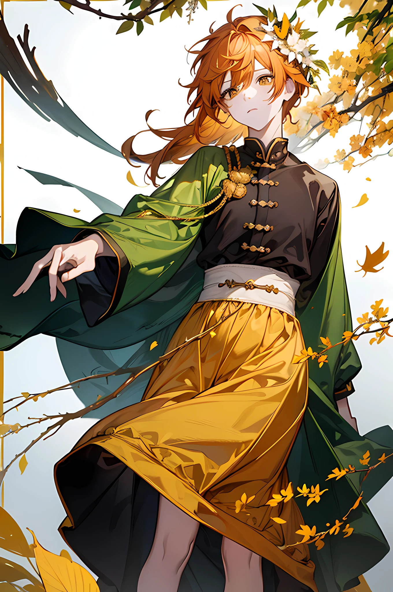 16k, k hd,Libido boy,Orange-yellow hair,Fallen leaf hair ornaments on the head (1:1.75),Yellow and white Han costumes,Fallen leaves background swing(1:2.5)