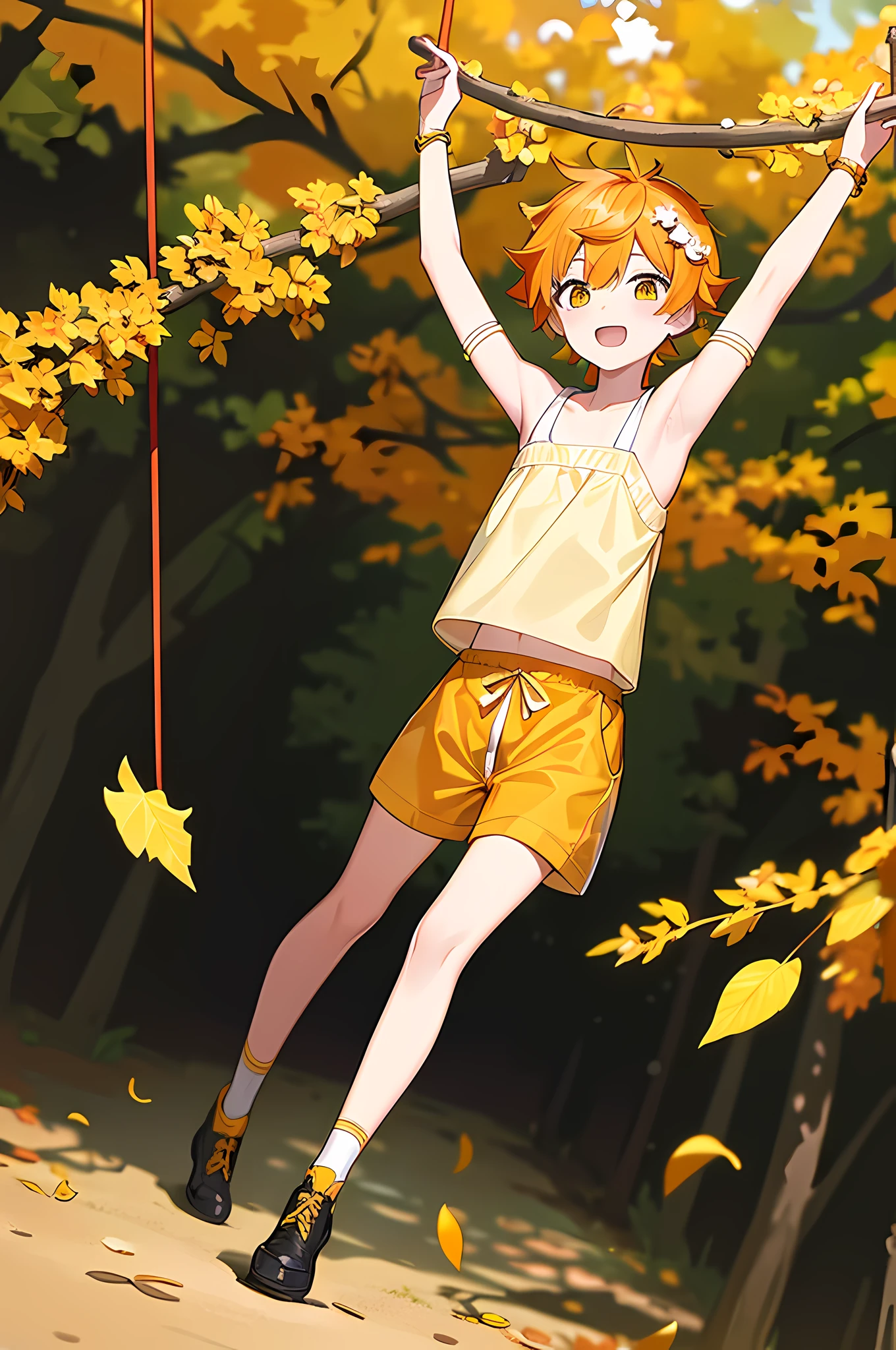16k， k hd，Libido boy，Orange-yellow hair，（Deciduous hair ornaments on the head 1:1.75），Yellow and white clothing，Fallen leaves background swing（1:2.5）