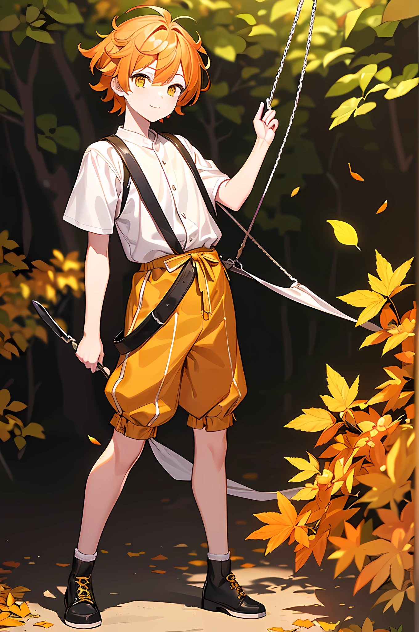 16k， k hd，Libido boy，Orange-yellow hair，（Deciduous hair ornaments on the head 1:1.75），Yellow and white clothing，Fallen leaves background swing（1:2.5）
