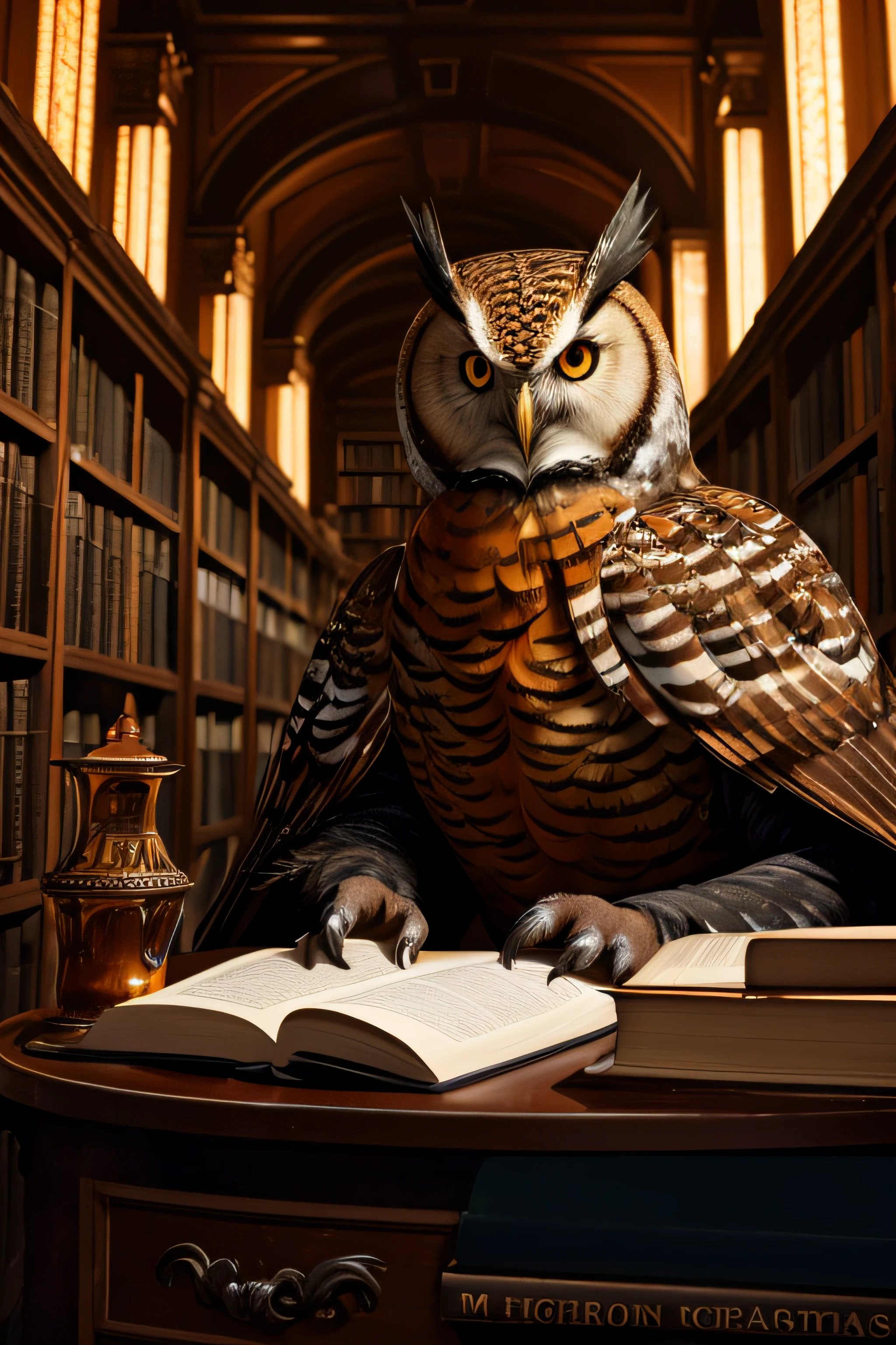 (best quality,4k,8k,highres,masterpiece:1.2),ultra-detailed,(realistic,photorealistic,photo-realistic:1.37),hybrid of man with an orange-eyed owl head, owl features, wearing monarch clothing,glasses,inside a library,orange environment,dark fantasy ,portraits,characteristic of owl,hybrid man,orange-eyed ,monarch clothing, glasses,library,dark fantasy ,orange environment,detailed feathers,sharp talons,bookshelves,books, dim lighting, mysterious atmosphere, surreal, haunted