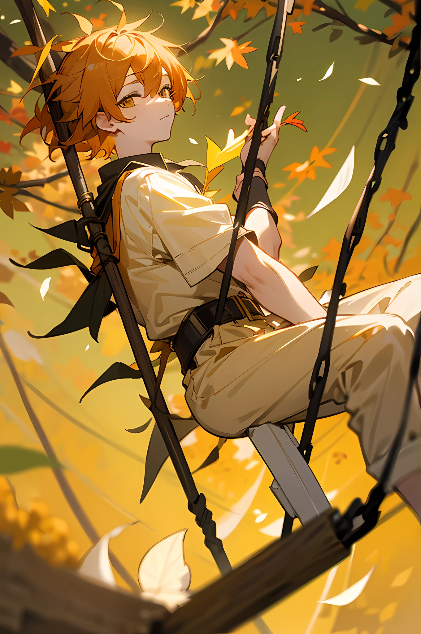 16k, k hd,Libido boy,Orange-yellow hair,(Deciduous hair ornaments on the head 1:1.75),Yellow and white clothing,Fallen leaves background swing(1:2.5)