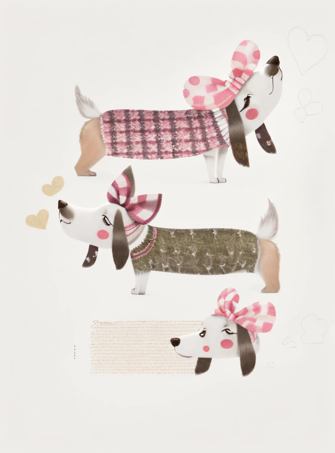 There are two dogs with bows on their heads and a scarf, cute illustration, Directed by: Elsie Henderson, Directed by: Emma Andijewska, dogs, Pontos, Directed by: Helen Stevenson, arte fofa, detalhes bonitos, Directed by: Sylvia Wishart, Directed by: Sofia Pemberton, Directed by: Rute Simpson, ilustrado em estilo caprichoso, Detalhes adicionais, Directed by: Alison Debenham, caprichoso e fofo
