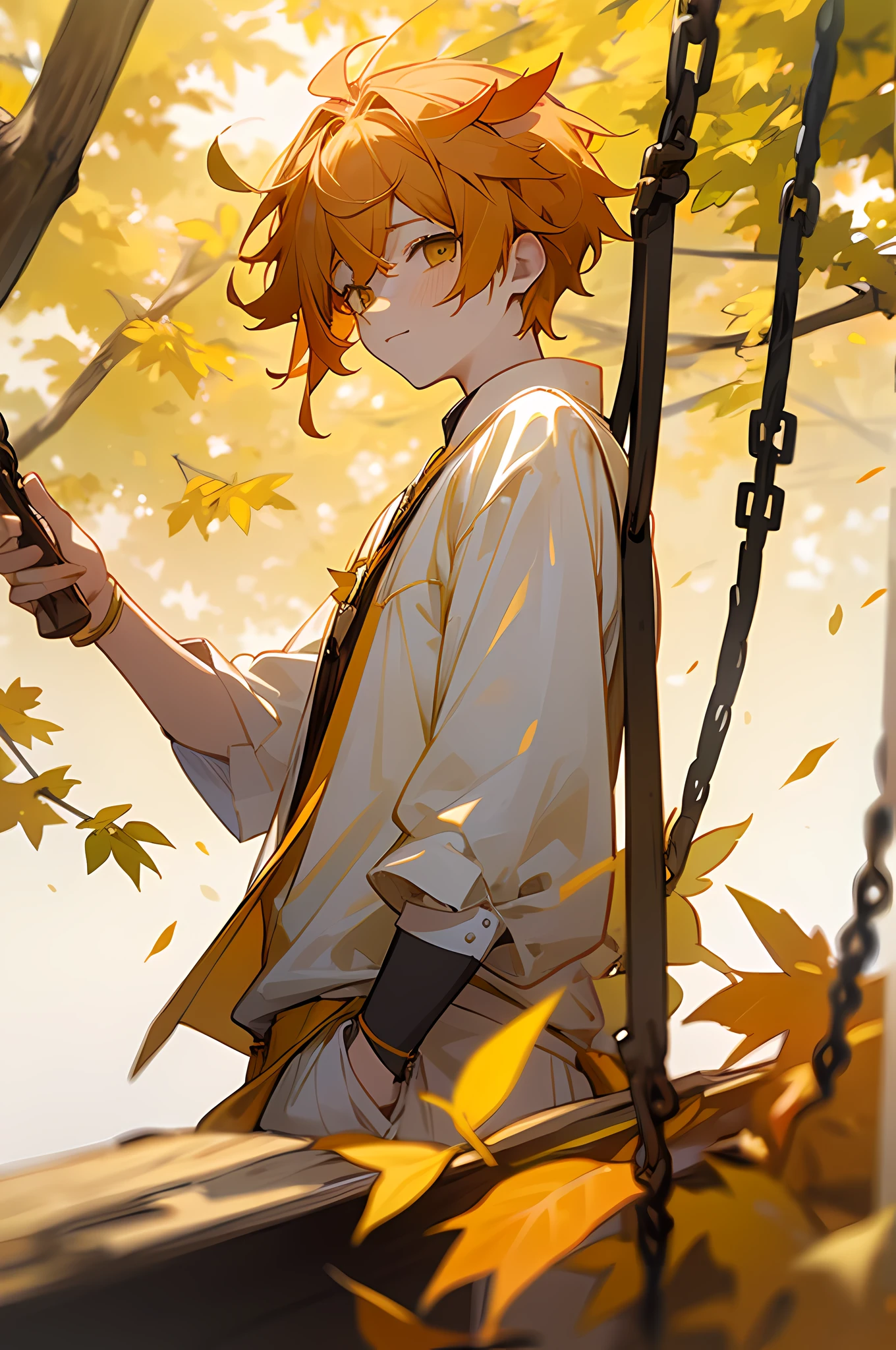16k， k hd，Libido boy，Orange-yellow hair，（Deciduous hair ornaments on the head 1:1.75），Yellow and white clothing，Fallen leaves background swing（1:2.5）