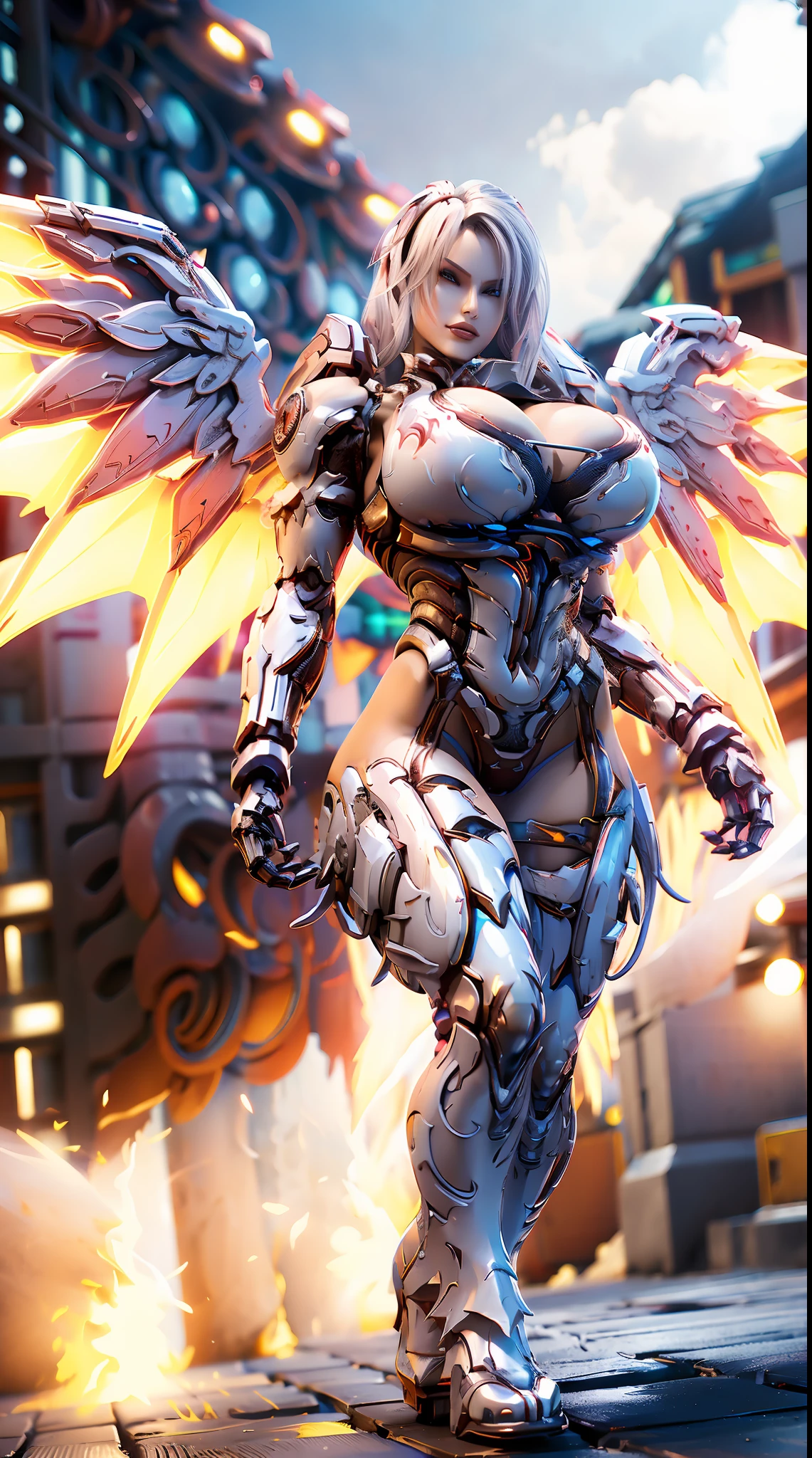 (DRAGON QUEEN), HUGE FAKE BOOBS, (BEAUTIFUL FACE), (WHITE, BLACK, RED), (STREET CITY BACKGROUND), (((2 PAIR OF HUGE MECHANICAL WINGS SPREAD OUT))), FUTURISTIC FALCON MECHA BODYSUIT, (CLEAVAGE), (SKINTIGHT YOGA PANTS), (HIGH HEELS), (PERFECT BODY:1.2), (FULL BODY VIEW), (LOOKING AT VIEWER), (WALKING DOWN:1), SEXY MUSCULAR BODY, MUSCLE ABS, UHD, 8K, 1080P.