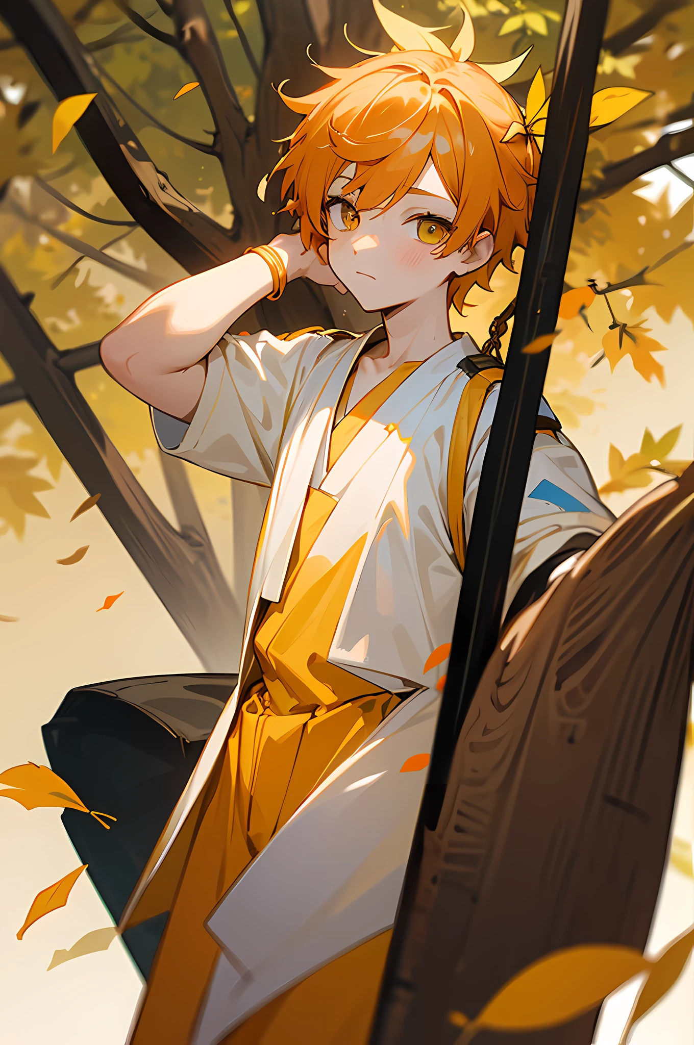 16k， k hd，Libido boy，Orange-yellow hair，（Deciduous hair ornaments on the head 1:1.75），Yellow and white clothing，Fallen leaves background swing（1:2.5）