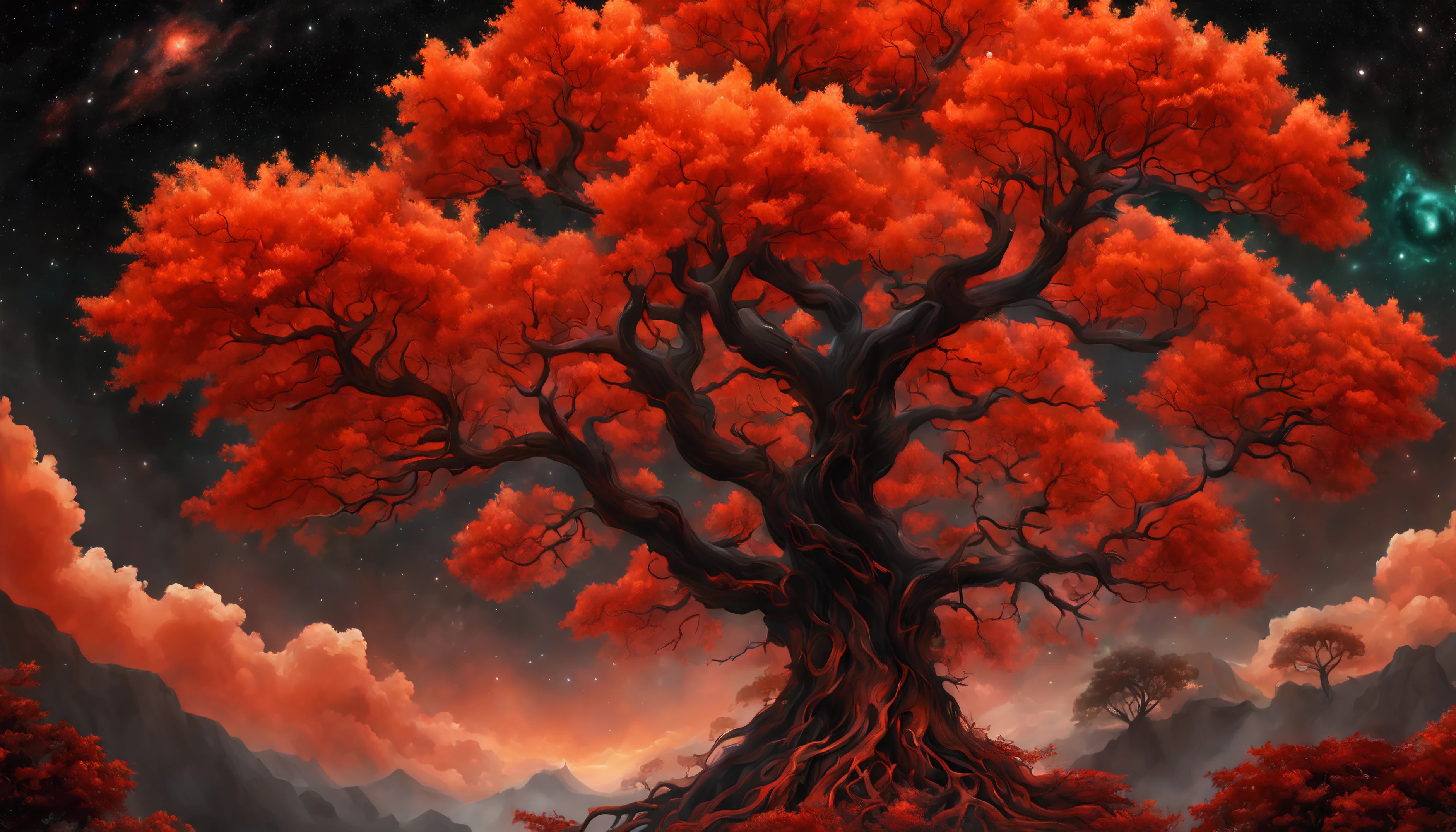 A magical tall broad-leaved tree with leaves made of orange and red clouds on a star nebula coming out of a black hole, Epic cinematic brilliant stunning intricate meticulously detailed dramatic atmospheric maximalist digital matte painting , red on black accent, neon colors