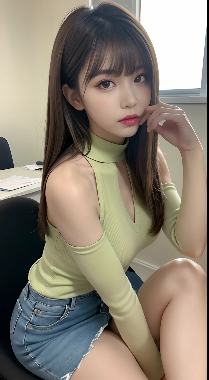 (Best Quality, 8K, masutepiece, Ultra HD: 1.3), 1girl in, big tits ,light brown hair, Blunt bangs, hair behind ear, hair over shoulder, Long hair, slender body shape, Ultra Fine Face, Delicate lips, Beautiful eyes, Double eyelids, lipsticks, thin blush ,Green eyes ,perfect glossy skin,flawless skin,fair white skin,perspiring,A gaze that invites you, chest,Ultra-thin hands, Ultra-fine fingers, shirt with collar, tight skirts , beauty legs ,pumps. s Office