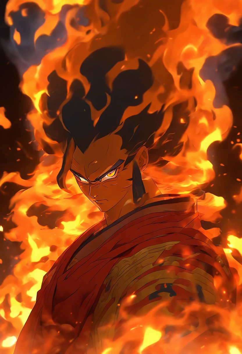 (((Fire God))) best quality, ultra-high resolution, 4K detailed CG, master piece,KAGUTSUCHI, Man, Japanese clothing, wind, smoke,Japanese mythology, Japan, ((full body camera)),Shui Mo Hua, Chinese painting style, Thangka Style, aesthetics, Beautiful image, depth of field, centered image
