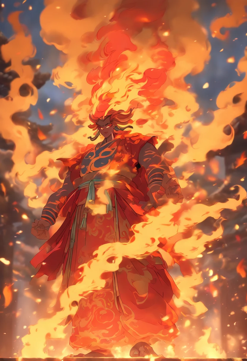 (((Fire God))) best quality, ultra-high resolution, 4K detailed CG, master piece,KAGUTSUCHI, Man, Japanese clothing, wind, smoke,Japanese mythology, Japan, ((full body camera)),Shui Mo Hua, Chinese painting style, Thangka Style, aesthetics, Beautiful image, depth of field, centered image