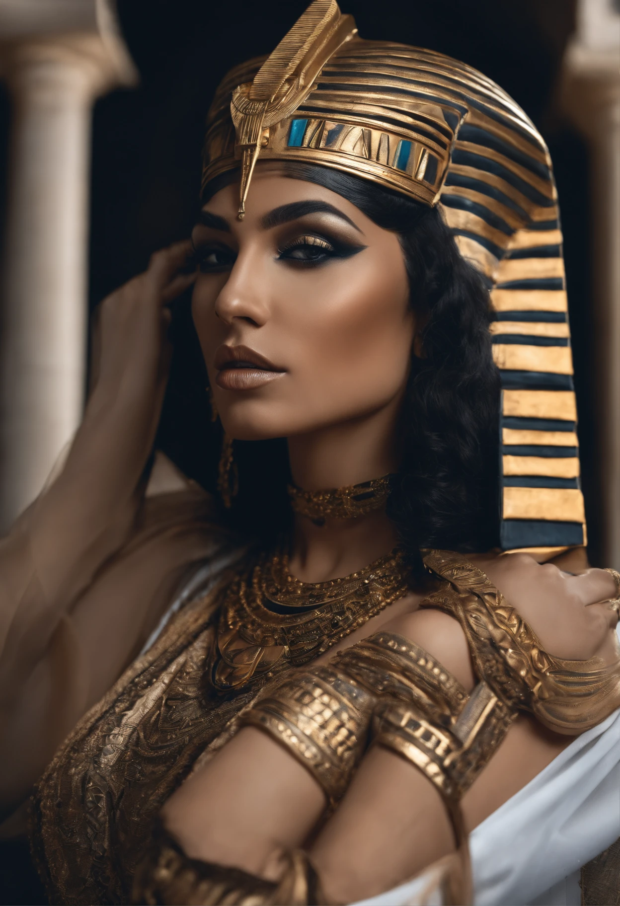 una foto de cleopatra sentada en el trono mirando hacia las piramides, piel blanca pelo negro, ojos verdes muy linda realista, cuerpo hermoso y deseado, muy sexy y realista vestido blanco transparente con oro y hilos dorados realista, pegado al cuerpo transparente sexy y realista.