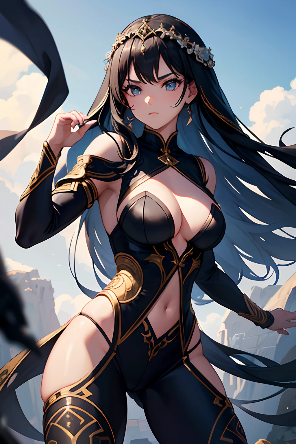 Illustrate a highly detailed masterpiece featuring a -yeld giwith striking black hair and a black dancer outfit. Emphasize her strong, powerful thighs with leggings as she assumes a fighting stance. Ensure meticulous attention to detail in capturing her outfit, especially the flowing veil.