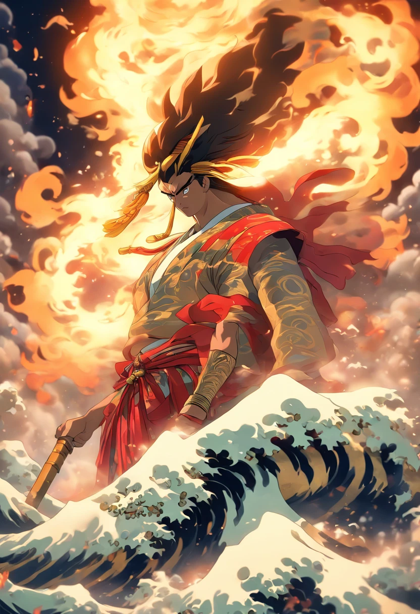 (((Japanese God))) best quality, ultra-high resolution, 4K detailed CG, master piece,KAGUTSUCHI, Man, Japanese clothing, wind, Flames, smoke,Japanese mythology, Japan, ((full body camera)) , Shui Mo Hua, Chinese painting style, Thangka style, aesthetics, Beautiful image, depth of field, Centered image