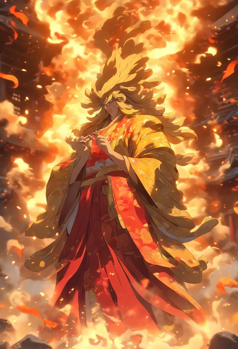 (((Japanese God))) best quality, ultra-high resolution, 4K detailed CG, master piece,KAGUTSUCHI, Man, Japanese clothing, wind, Flames, smoke,Japanese mythology, Japan, ((full body camera)) , Shui Mo Hua, Chinese painting style, Thangka style, aesthetics, Beautiful image, depth of field, Centered image