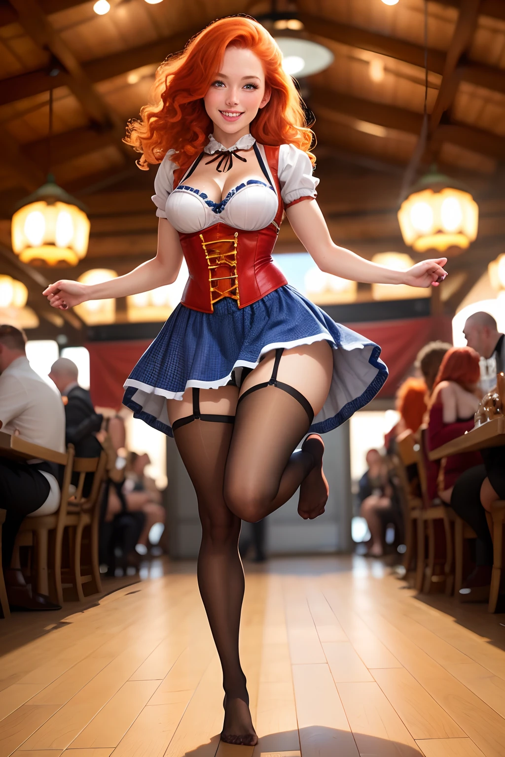 show entire body, feet in view, gorgeous redhead female models, Oktoberfest costume, pantyhose, no shoes, smiling