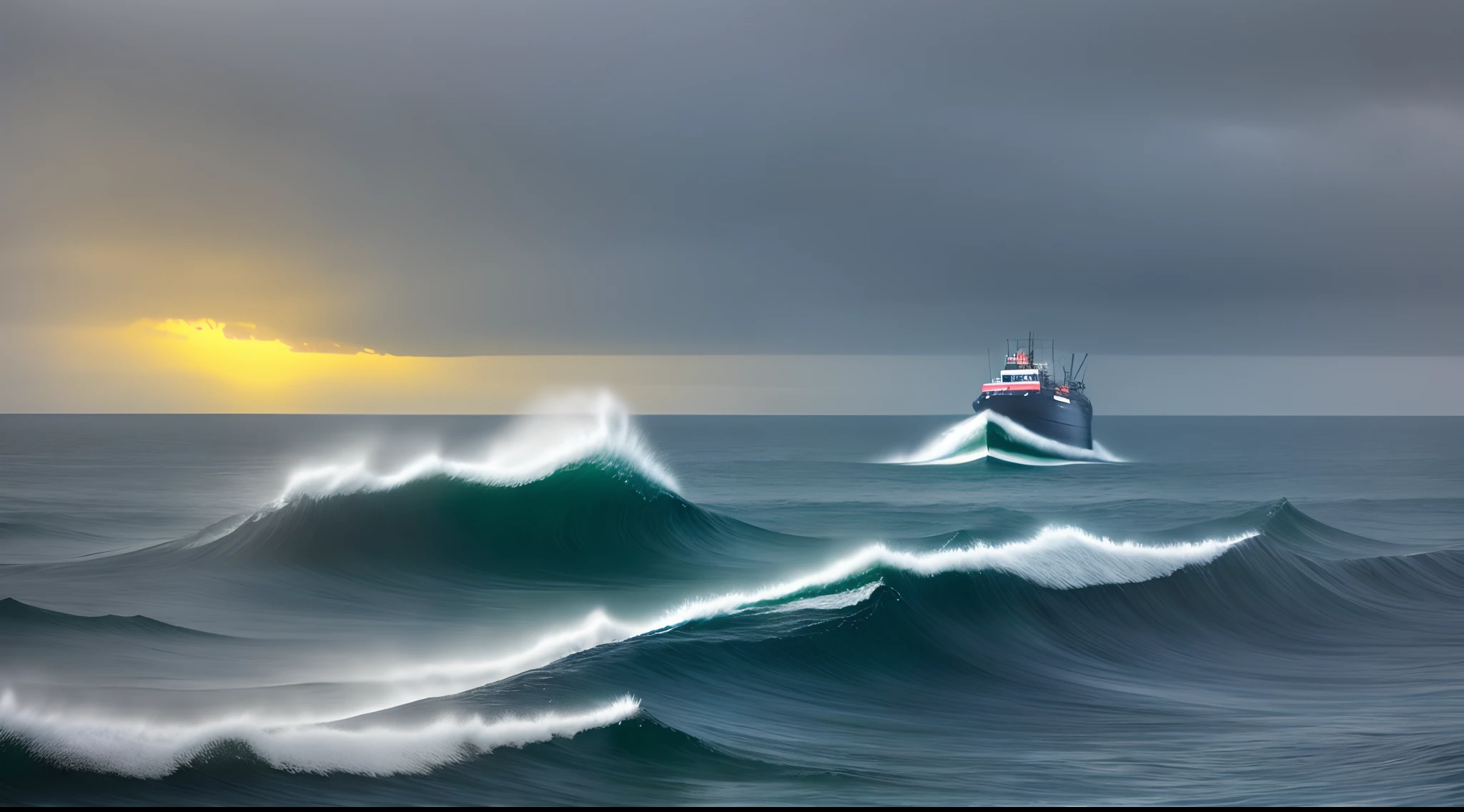 Um navio em alto mar em meio a uma tempestade