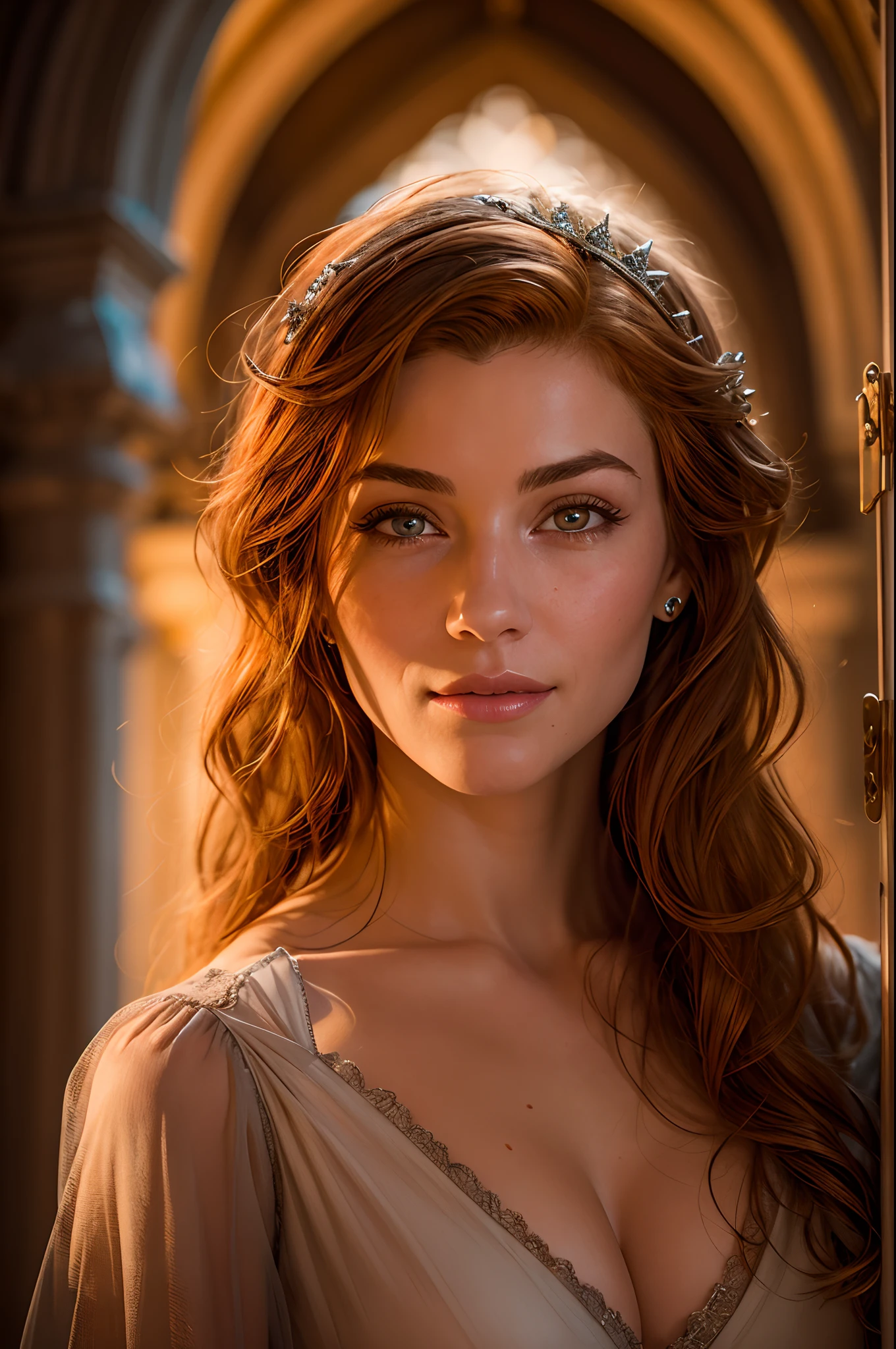 Close up portrait of a beautiful young medieval redhead princess, ginger hair, delicate features, standing tall inside a castle corridor, lit by warm torchlight, wearing a tight royal dress, confident seductive smile, sharp jawline, alluring, seductive eyes, eye contact, full lips, (busty), large breasts, (cleavage), thick dark eyebrows, photoreal, real, realistic, realism, realistic skin, pores, film grain, ultra detailed, intricate, sharp focus, 8k, high resolution, (highly detailed face:1.2), slim, slender, beautiful detailed eyes, eye contact