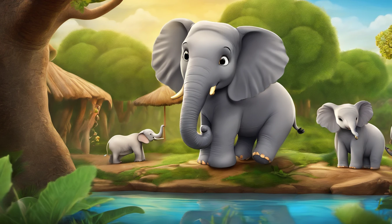 Zoo animals,cartoon style for kids,centre an wise elephant,pond or river, old tree