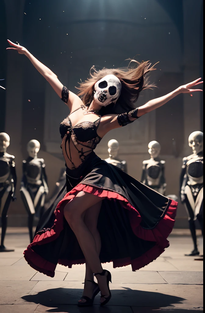 "Dancing with the Dead": A dynamic scene with Catrina La Muerte gracefully dancing alongside a group of skeleton figures, your movements captured with precision and fluidity, conveying the joyful and celebratory nature of the Day of the Dead tradition, Surrealismo, color field printing, High detail, UHD, 8k, anatomicamente correto, cinematic lighting 4d quality
