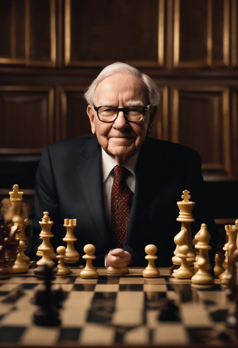 Preciso de uma imagem do investidor Warren buffet em frente a um tabuleiro de xadrez, It's just that the chess pieces are miniature squares