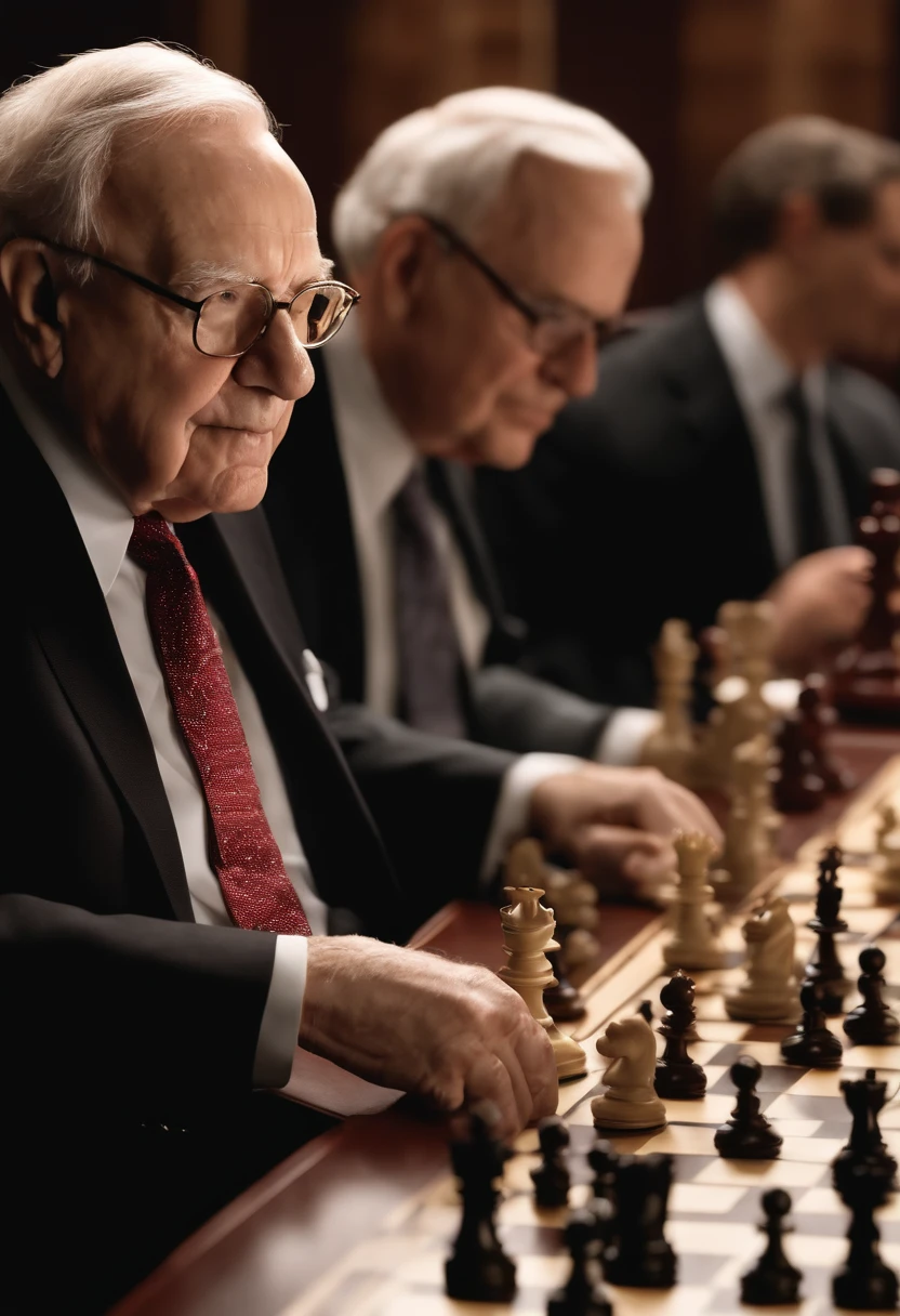 Preciso de uma imagem do investidor Warren buffet em frente a um tabuleiro de xadrez, It's just that the chess pieces are miniature squares