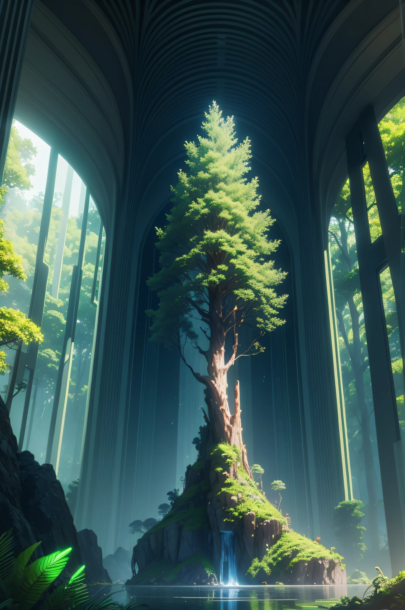 Witness the harmony between nature and technology, as a lush forest is transformed into a digital oasis with holographic trees and glowing flora.