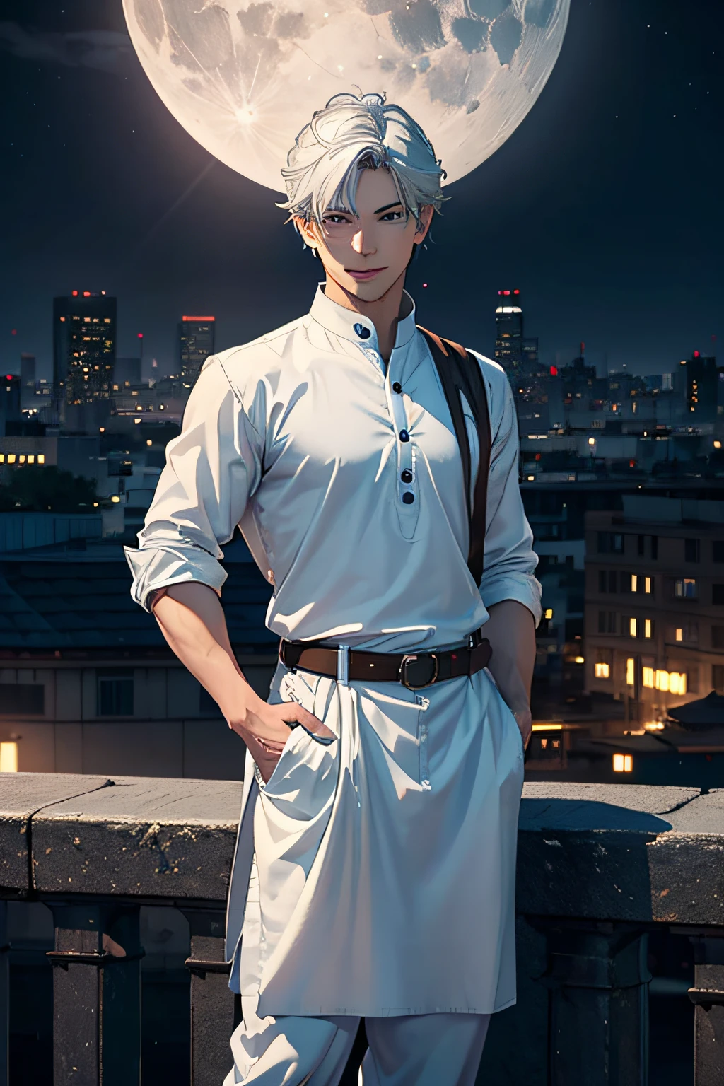 (masterpiece, best quality:1.2), cowboy shot, solo, male focus, 1boy, gojo satoru, smile, hands in pockets, blue eyes, white hair, in indian black kurta, highest quality digital art, rtx, ray tracing,night, moonlight,on top of a building, night lights,city,