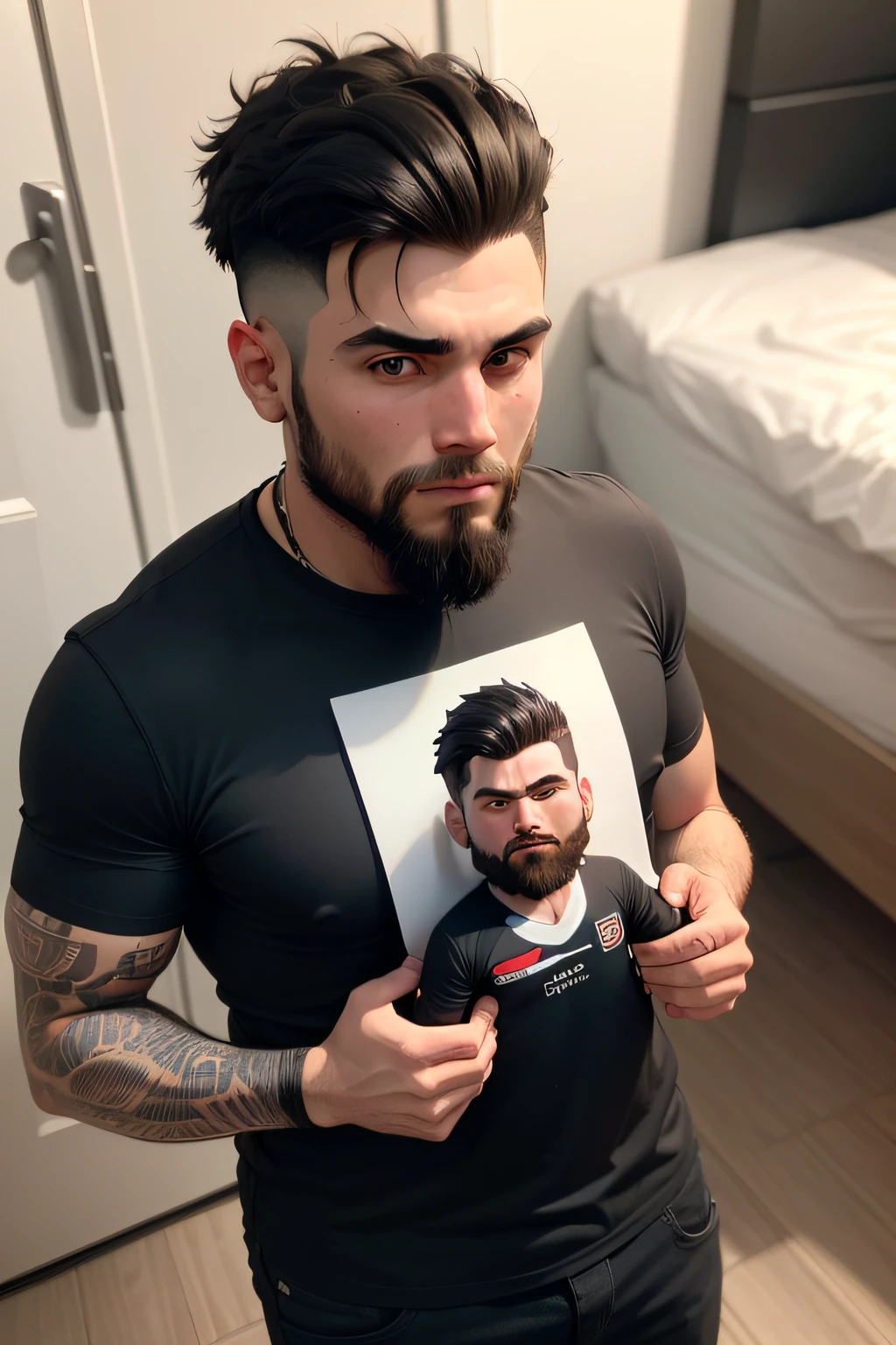 homem adulto, 28 anos, pequeno de altura, sozinho, barba preta curta e cabelo preto curto, feio de aparencia, parecido com o jogador Leonel Messi, estilo cartoon 3d, realista (homem em miniatura)