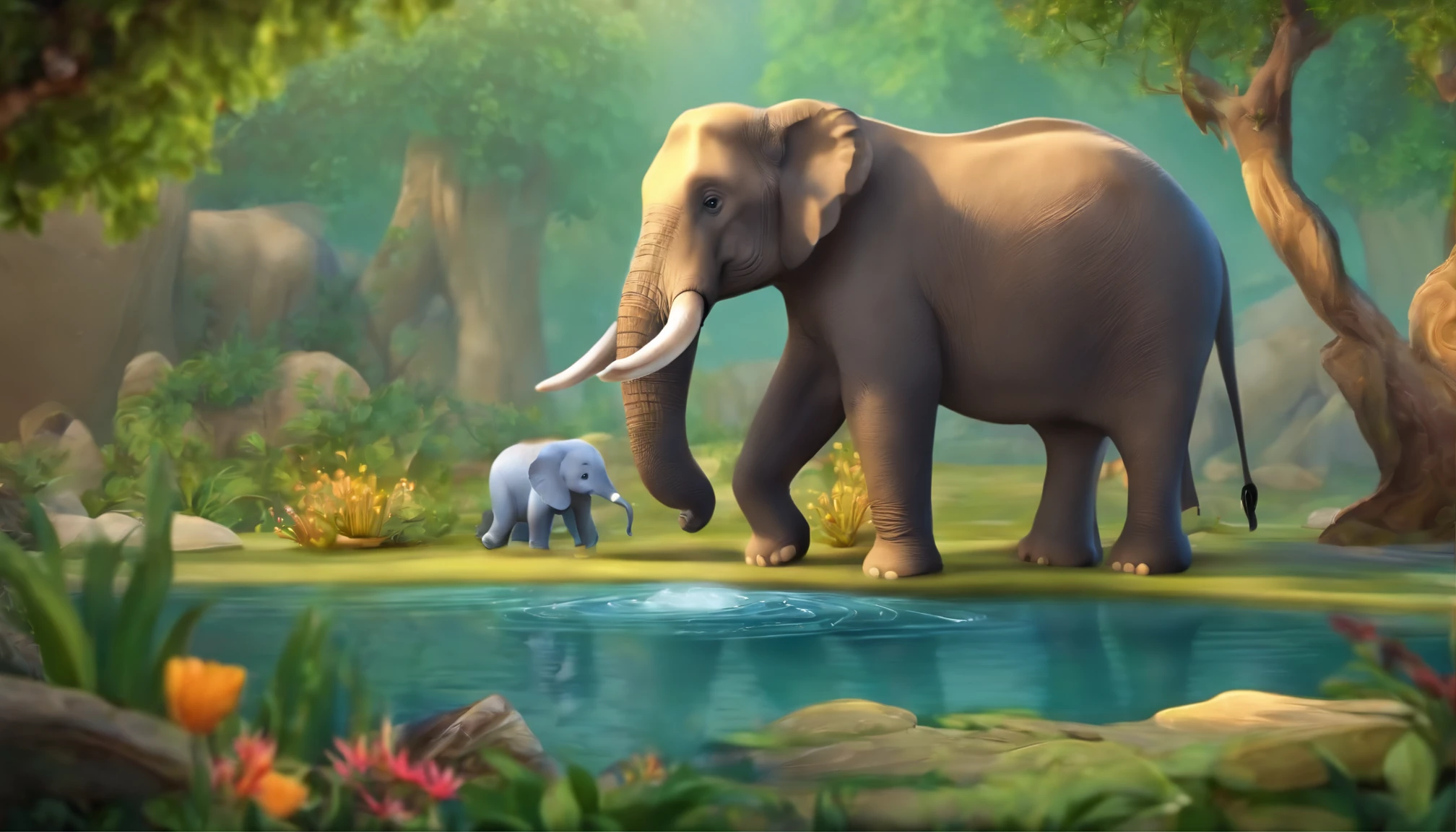 Zoo animals,cartoon style for kids,centre an wise elephant,pond or river, old tree