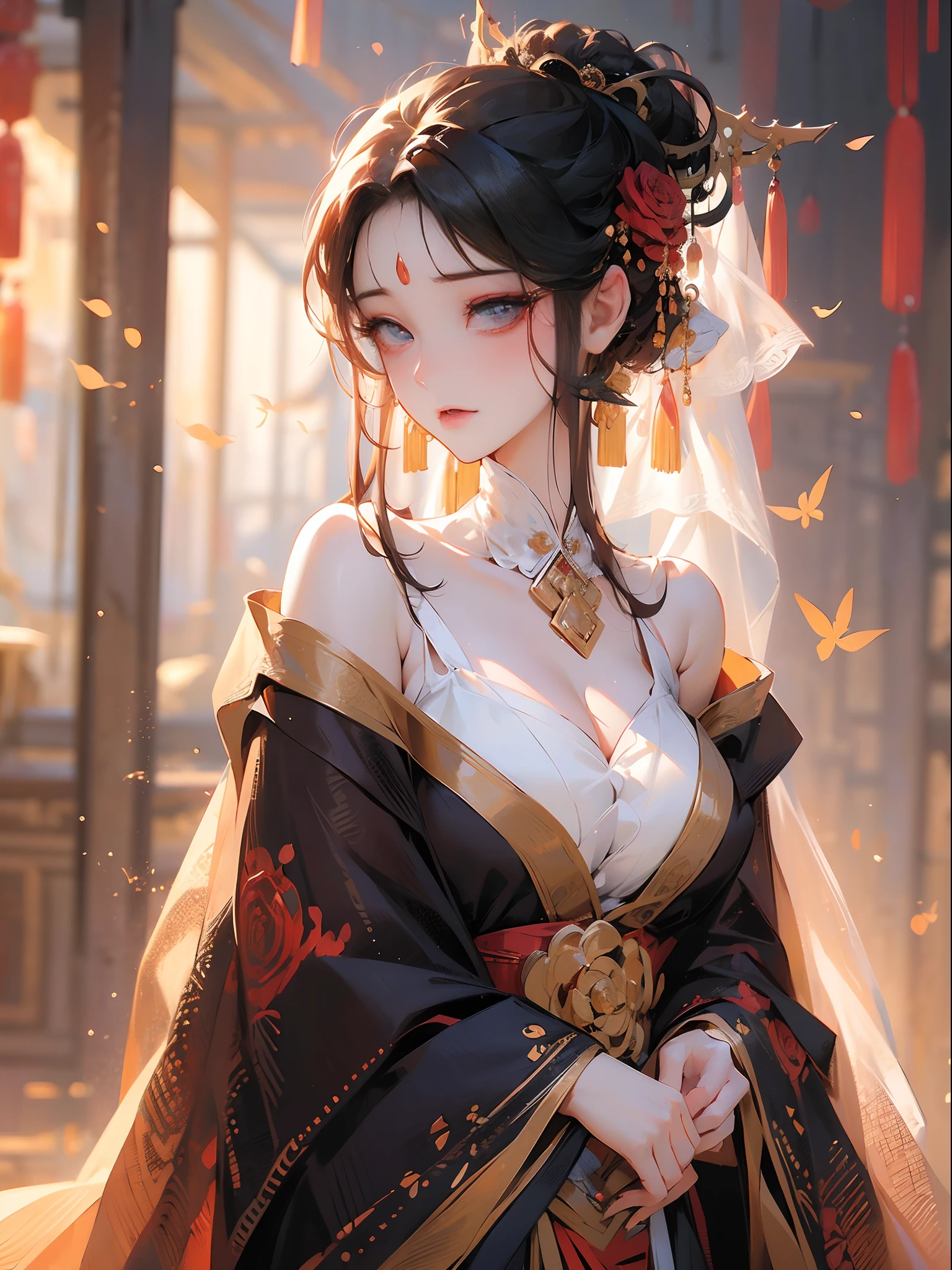 (masterpiece), best quality,top quality rich background, huge breast,busty,beautiful detailed hair ,detailed eyes,watery eyes,Lying silkworm eyebrows,glowing eyes,{short hair|Shaggy cut|Long bold side bangs|Sleek pixie cut|High top knot|Voluminous updo|Undercut},detailed face, 1 lady, solo, cowboy shot, perfect feminine face, very stunning woman, tangdynasty,nontraditional hanfu,((off shoulders)),((rose golden hair)),veil mask,red pupils,long eyelashes,blushing,mole under eyes,backlit,rim light,earrings
