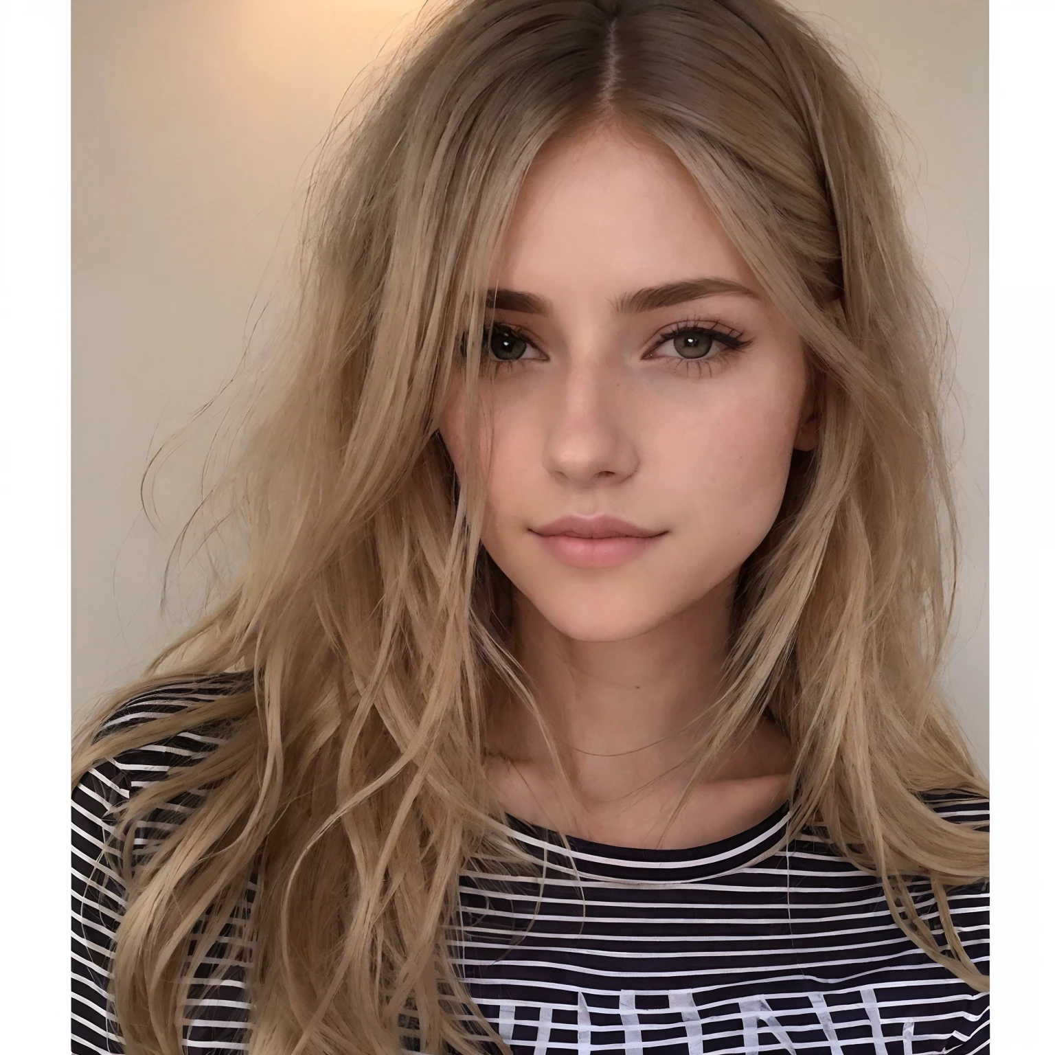 arafed woman with long hair and a striped shirt, dark blonde hair, no makeup wavy hair, ash blond hair, dirty blonde hair, beige hair, dark blonde long hair, extra-light natural blonde hair, shoulder - length blonde hair, ashen blonde hair, beautiful nordic woman, beautiful model, her hair is natural disheveled, without makeup, flawless face