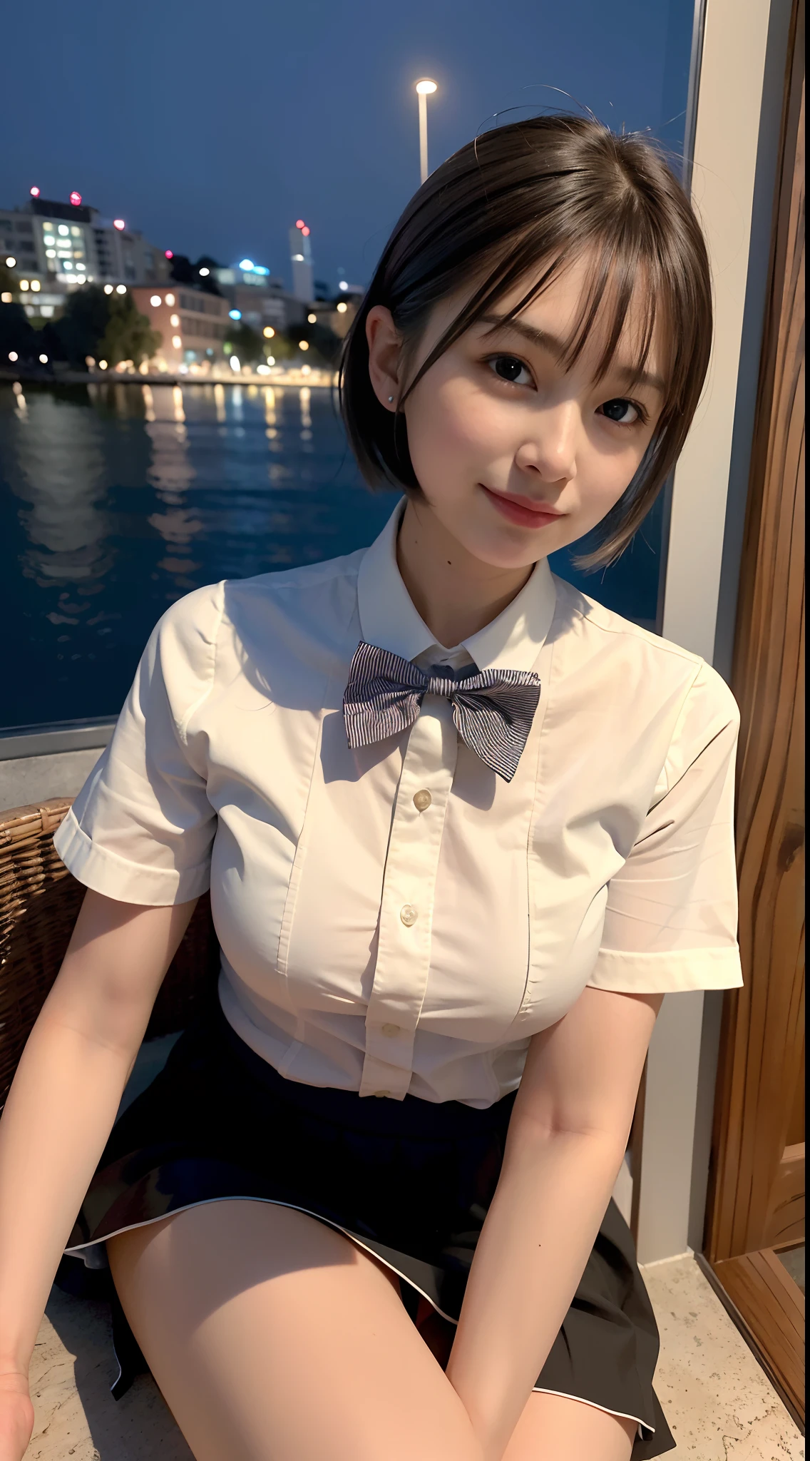 <lora:koreanDollLikeness_v10:0.3>,<lora:taiwanDollLikeness_v10:0.2>(8k, RAW photo, best quality, masterpiece:1.2), (realistic, photo-realistic:1.37), ultra-detailed,
1 girl,cute, solo,beautiful detailed sky,detailed cafe,night,sitting,dating,(nose blush),(smile:1.1),(closed mouth)
medium breasts,beautiful detailed eyes,(collared shirt:1.1), bowtie,pleated skirt,(short hair:1.2),floating hair