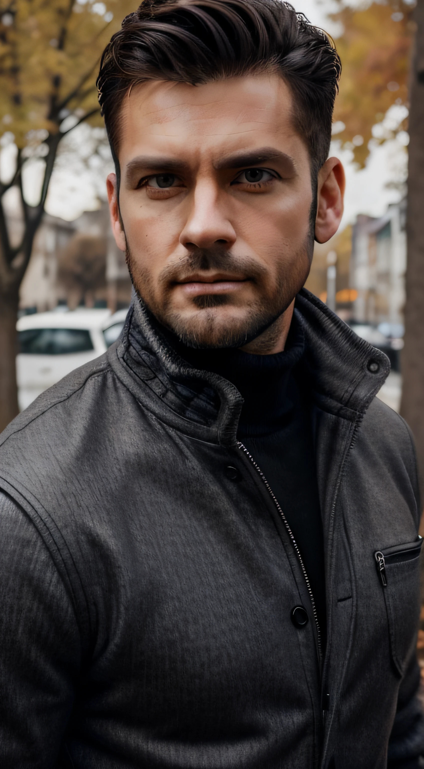 33 years old male model, handsome, ramones jacket, gray turtleneck, short brown hair, short beard, black jean pants, black boots, serious face, autumn landscape, sunny day, high detail face, high detail clothes, ultrarealistic, high detail fitness body