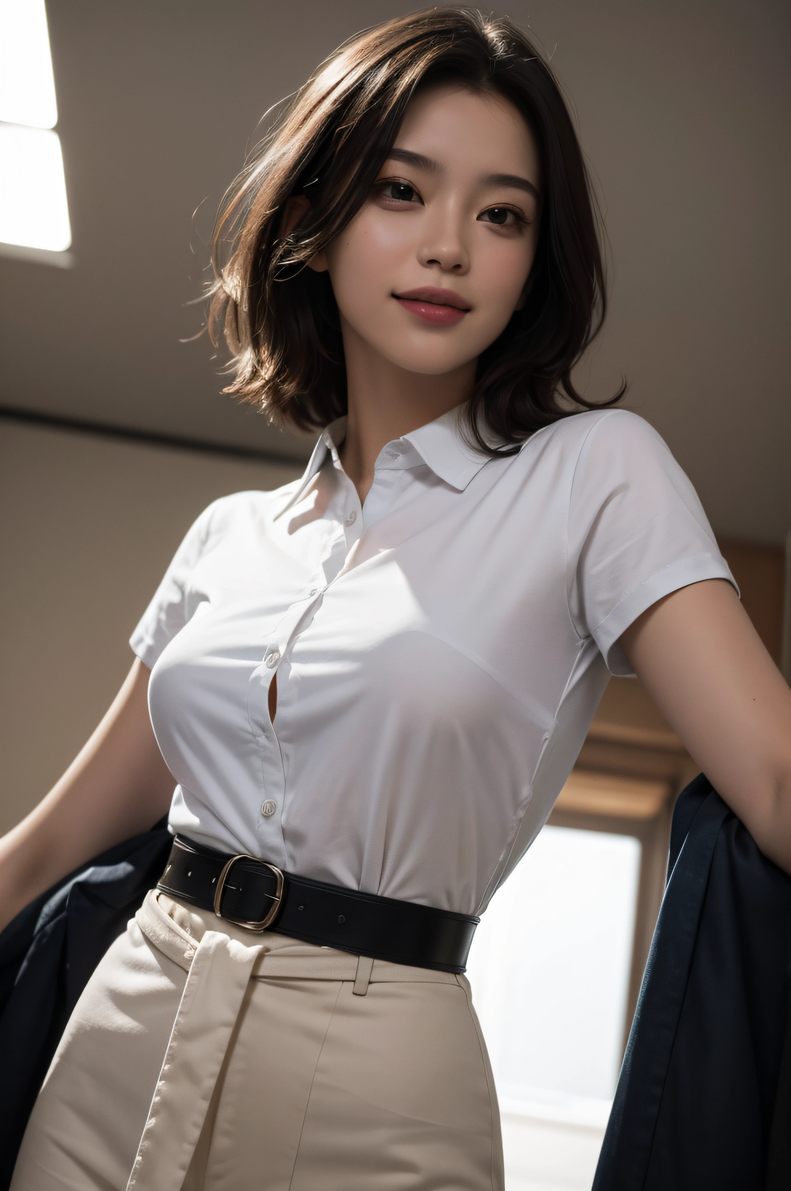 best quality, masterpiece, (photorealistic:1.4), 1girl, light smile, shirt with collars, waist up, dramatic lighting, from below