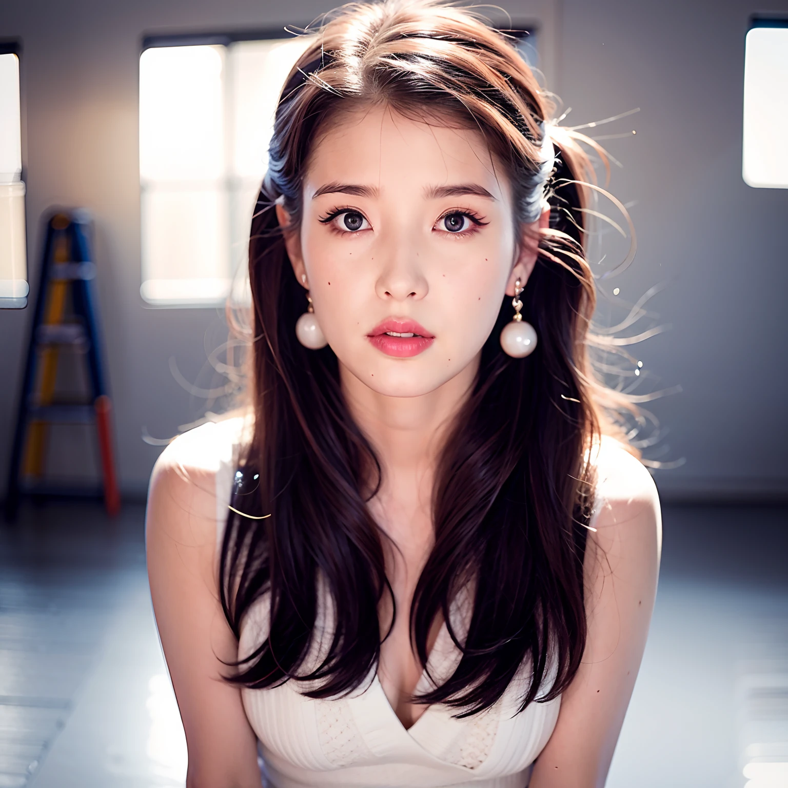 Top  Quality, The ultra-Highres, (Photorealistic:1.4),1girl,iu,Arm back arm,Colorful and clear focus, Stereoscopic lighting, gentle lighting, cinematic lightings, cinematic effects, intriciate detail, long  hair, See the viewer, A dark-haired, nudity, earings, sleeveless, white_dress, hazy, black_eyes, realistic, standing at, s whole body