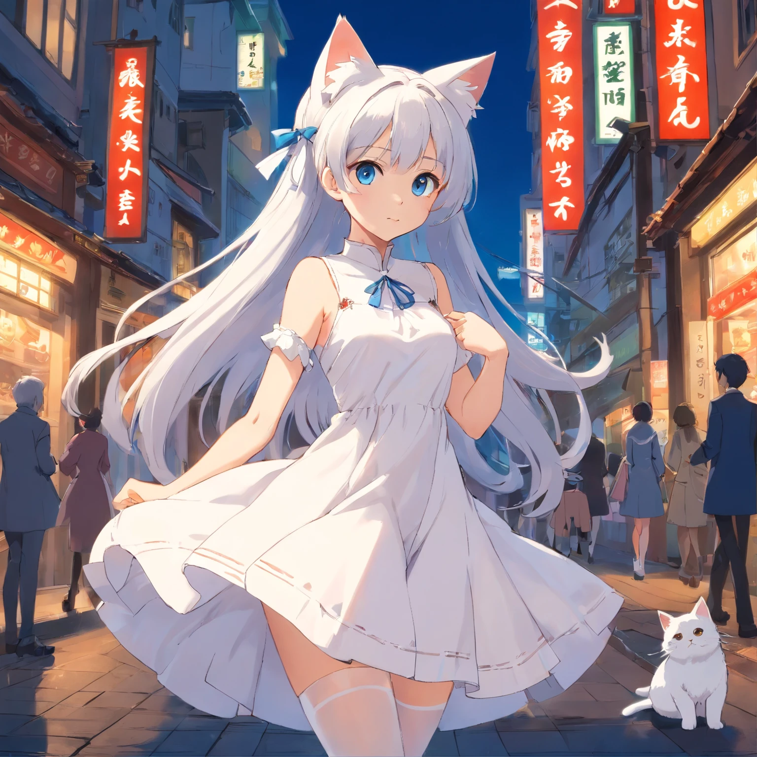 Stand barefoot,Masterpiece,long whitr hair,Extremely tall girls,A giantess,In the city,Full limbs,The face is delicate,White double ponytail,blue color eyes,White ta,Long-range shots,white stockings,There are cat ears on the head, white dresses, silber hair, cute anime waifu in a nice dress, cute big breasts,Chopstick legs,Slender calves,Slender,high-heels
