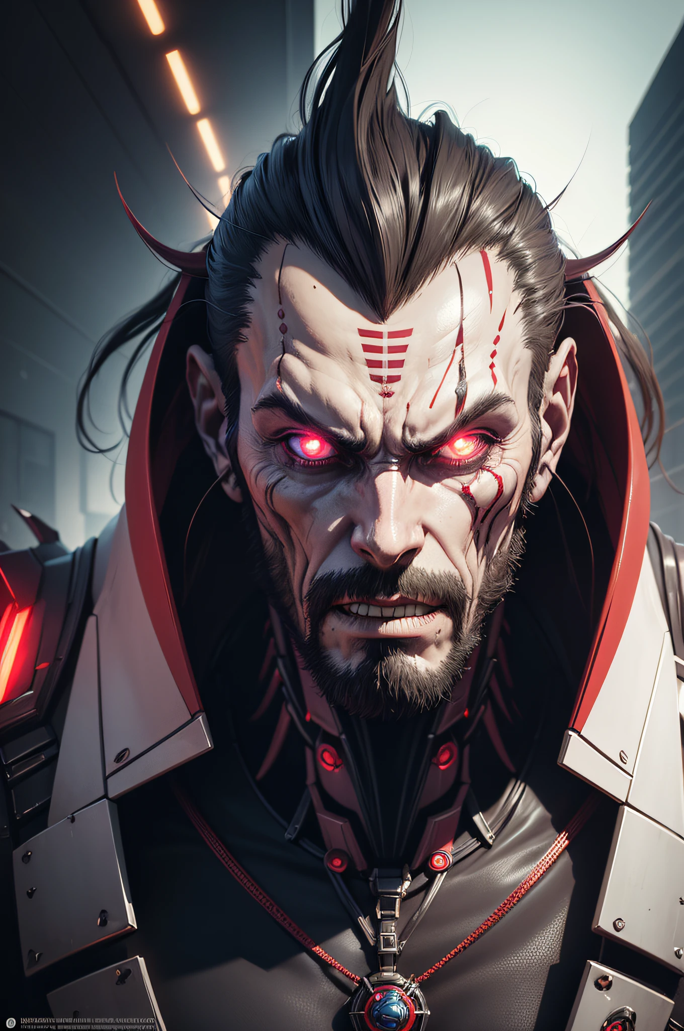 A DEMON (MAN) (30 YEARS) WITH RED EYES CYBERPUNK STYLE PORTRAIT STYLE (long hair)(full body) very strong --auto --s2