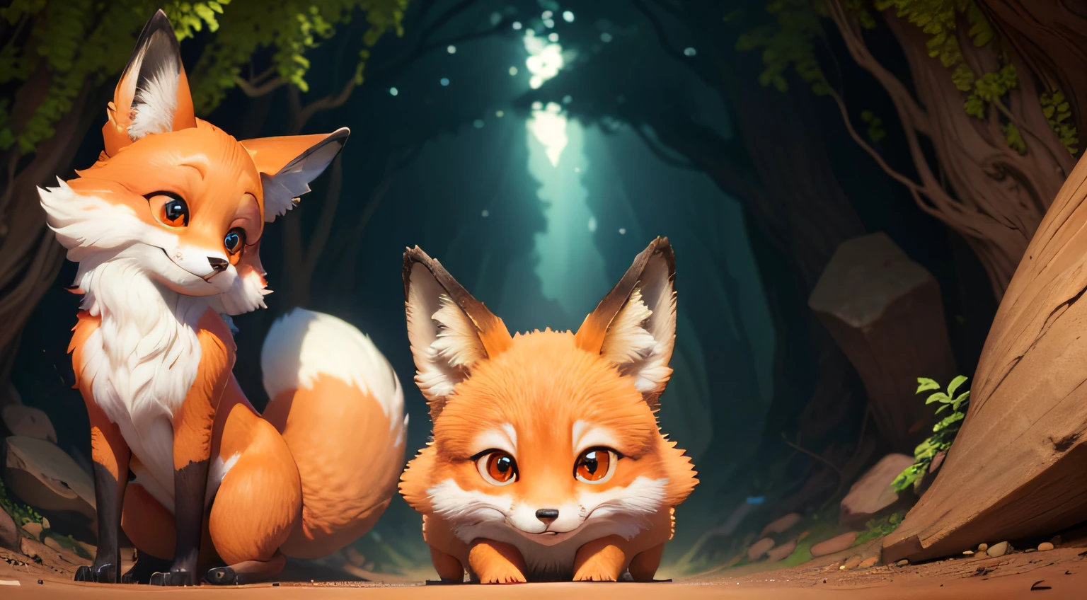 Adorable fox in Pixar movie style, cinematic lighthing, Depth detection, big eyes, very cute, 8k, exiting from a cave on forest, long tail, smiling and so happy, brigtness eyes, amazing day