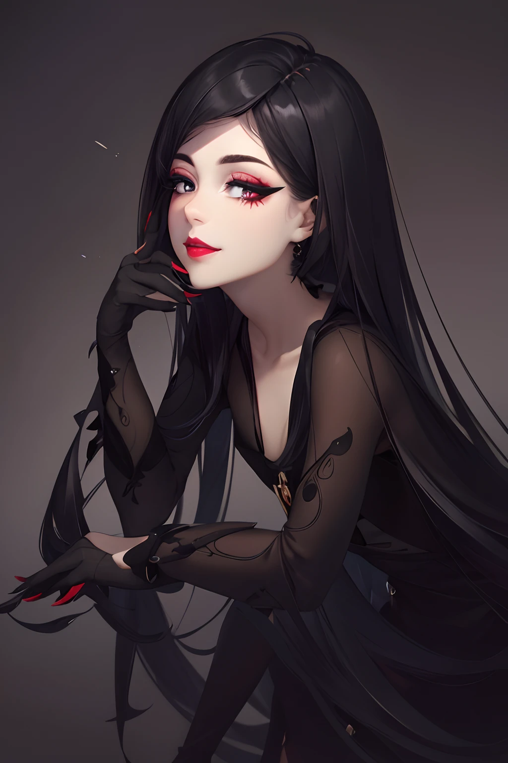 8K, beste-Qualit, tmasterpiece, a 1girl, brown eye, Rhetoric, photo, black hair, straight hair, hairlong, black clothing, big eyes, Round Eyes, vivid eyes, A detailed eye, 耳Nipple Ring, a closeup of a, Depth of field , empty background, European, eyeshadows, long eyelashes, double eyelids, Round Mouth, ssmile, red and cavernous lips,