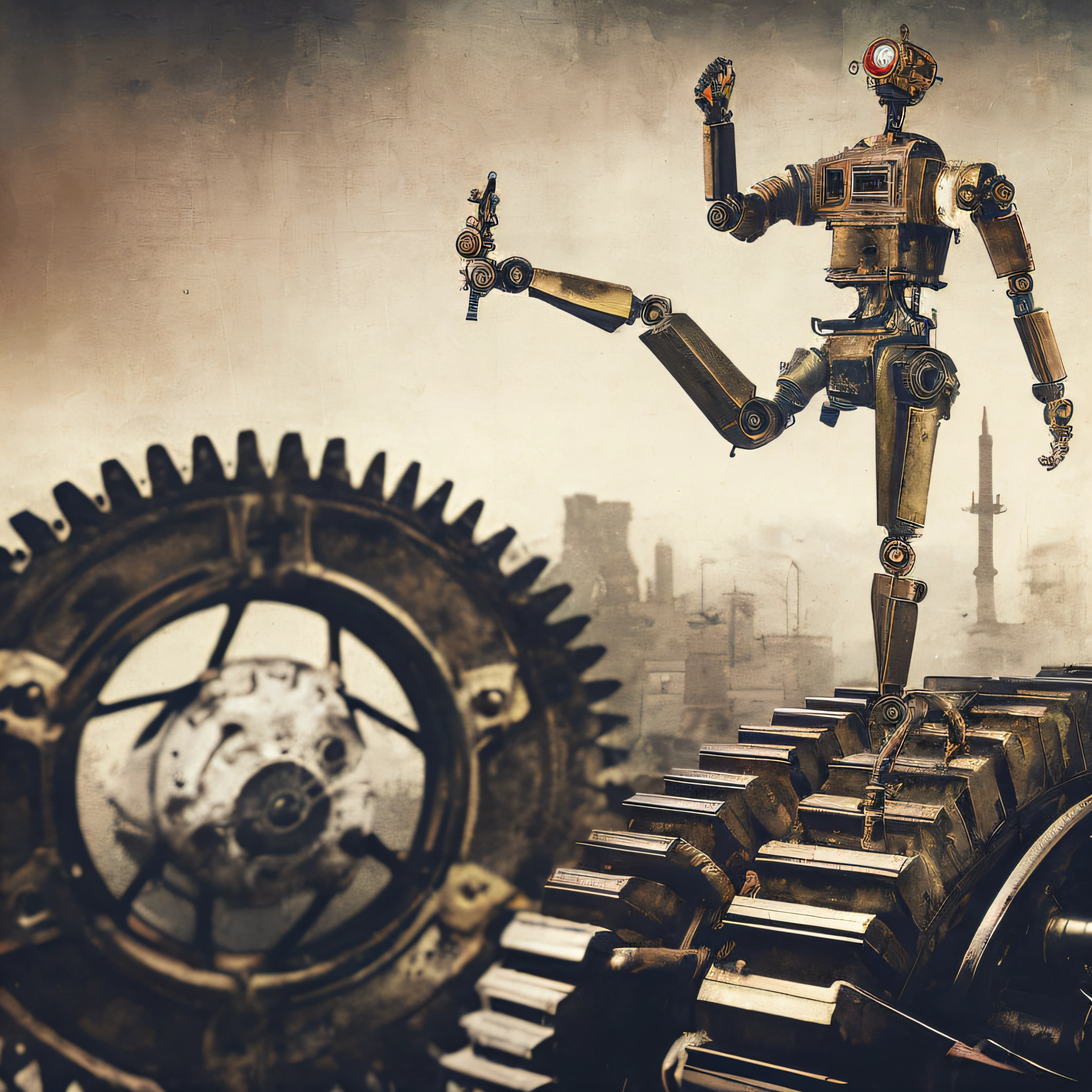 There's a robot that's standing in a gear, robot photography, steampunk robot, mechanoid, steampunk automaton, machanical limbs, a still life of a rusty robot, a still life of a robot, Mechanical Automaton, mechanical limbs, robot in construction, automaton, metal robots, industrial robots, robot made of truck parts, mechanical robot body