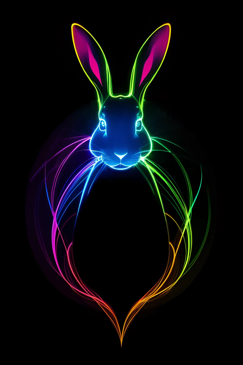 the shape of a rabbit in multicolored light painting, in the dark