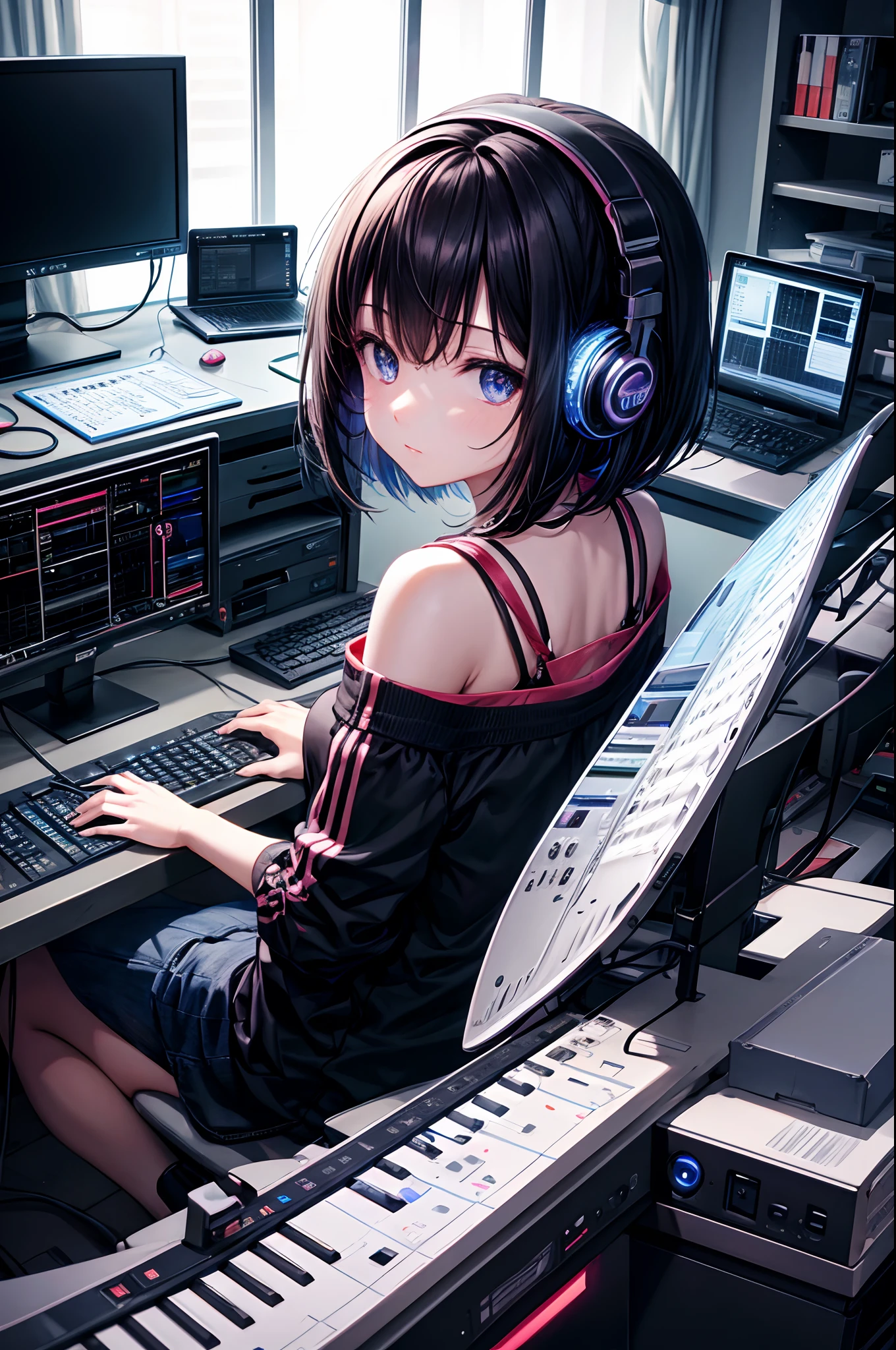 personal computers、Numerous monitors、Music Production Status、dim room、Girl typing on keyboard、Put on headphones、holding electric guitar、A dark-haired、Bob Hair、Display drum set on monitor、