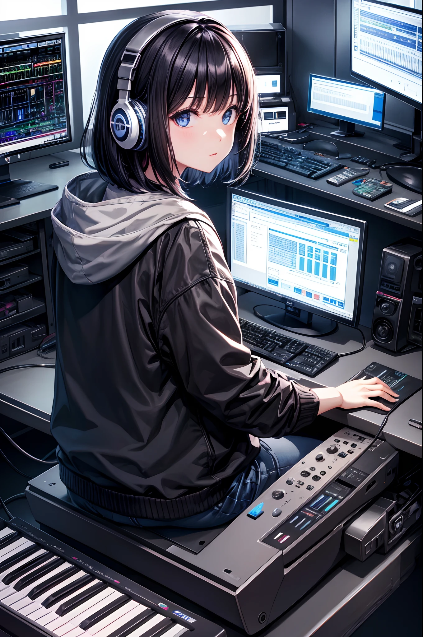 personal computers、Numerous monitors、Music Production Status、dim room、Girl typing on keyboard、Put on headphones、holding electric guitar、A dark-haired、Bob Hair、Display drum set on monitor、