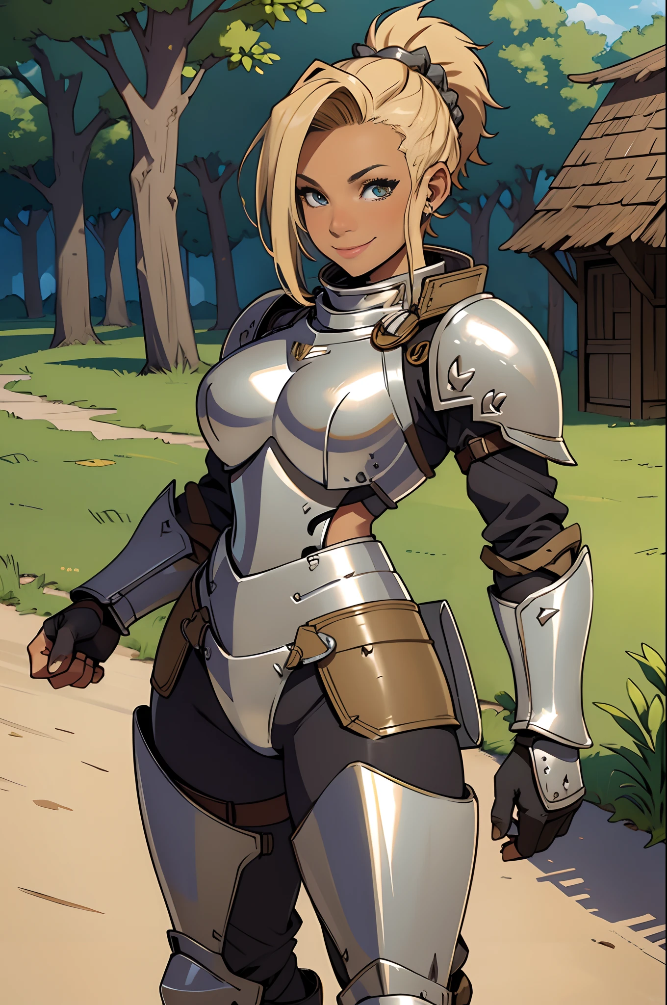 Solo, female, ((full suit of armor, knight)), fantasy village, mohawk, wicked smile, tan skin, cream hair