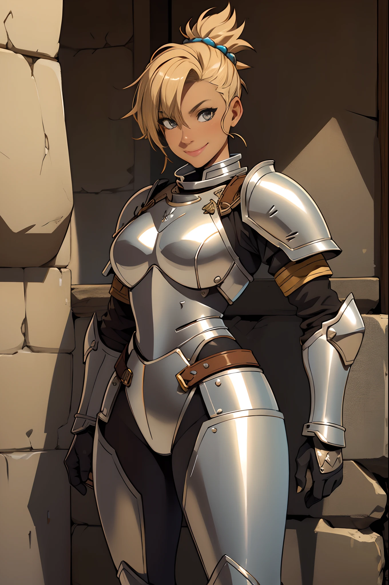 Solo, female, ((full suit of armor, knight)), fantasy village, mohawk, wicked smile, tan skin, cream hair