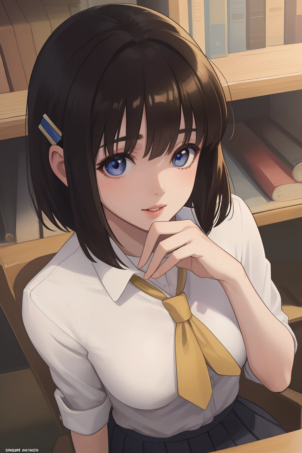 (((masterpiece))), (((best quality))), ((ultra-detailed)), (illustration), (detailed light), ((an extremely delicate and beautiful)),(beautiful detailed eyes),1girl, light smile, hair clip, looking_at_viewer, library, extremely delicate and beautiful girls, breasts, from_above, focus on eyes, young,18years old, short hair, bangs, black hair, shiny hair, parted_lips, normal hands, medium_breasts, brown eyes, bright skin, school_uniform,