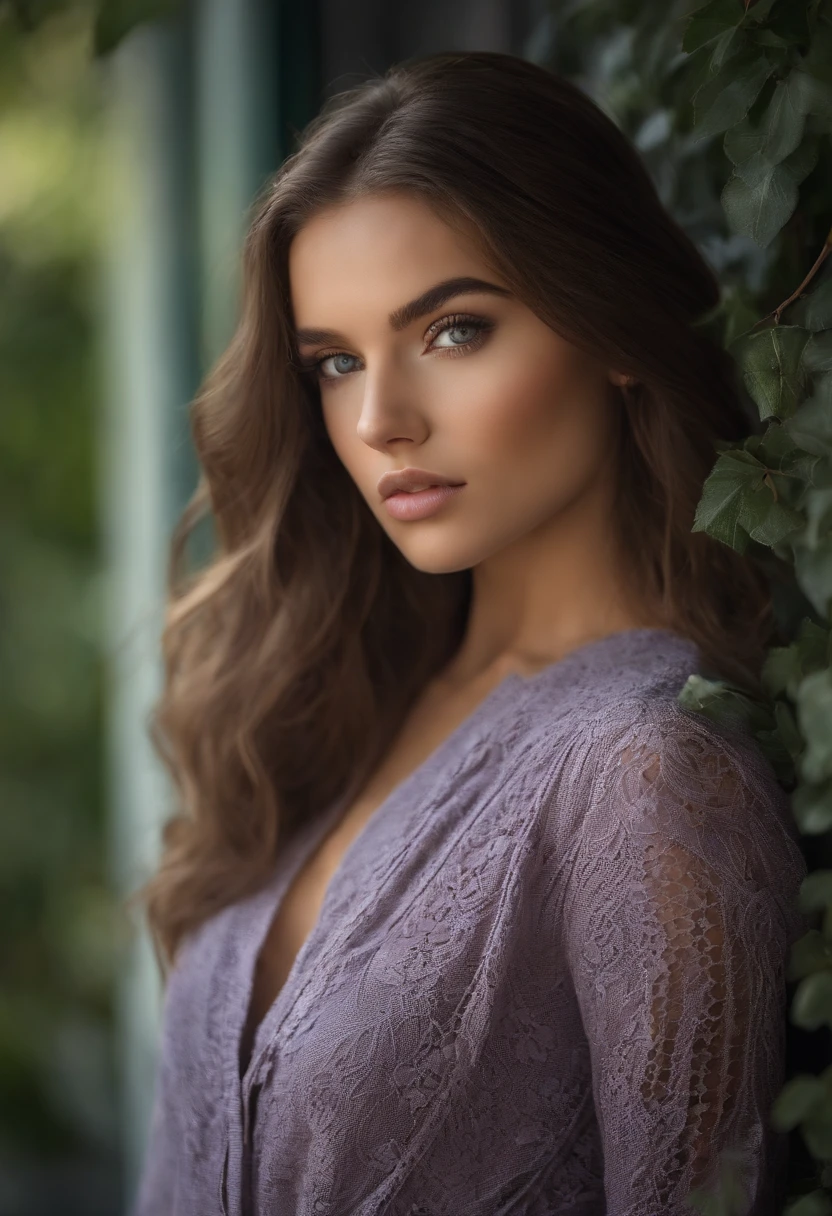 Italian woman completely , Sexy girl with ultra realistic green eyes, Meticulously detailed, Portrait Sophie Mudd, cheveux bruns et grands yeux, selfie of a young woman, Violet Myers, maquillage naturel, looking straight at camera, Visage avec Artgram, Maquillage subtil, Stunning full-body photo Medium to large bust