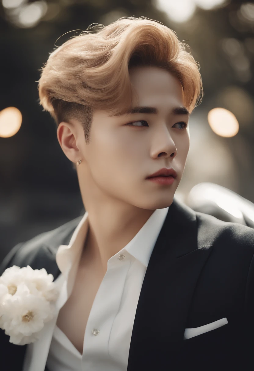 Na pintura, podemos ver Jimin, membro do BTS, sentado elegantemente em cima de um carro. Seus cabelos loiros cacheados caem em cascata em seus ombros, Adding a touch of sparkle to the composition. Jimin veste uma roupa delicada na cor branca, que contrasta com a cor do carro. Seus olhos azuis brilham com intensidade, conveying a tranquil and serene expression. A luz do sol ilumina seu rosto, destacando ainda mais sua beleza. The painting captures Jimin's delicate and charming essence, criando uma imagem que transmite sua personalidade cativante.