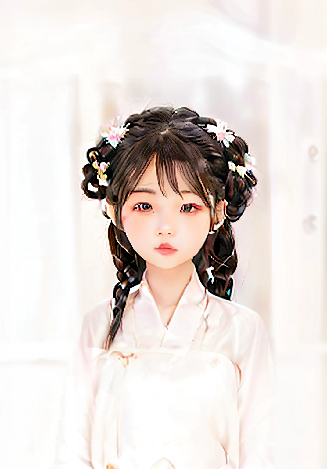 There is a painting,The drawing is of a woman in a bun, Twin tail hairstyle, Guviz, Guviz-style artwork, traditional female hairstyles, black elegant hair, with black pigtails, braid hairstyle, anime ears, hair in pigtails, Palace , A girl in Hanfu, double tails, braidedhair, short pigtails hair ,orthofacial